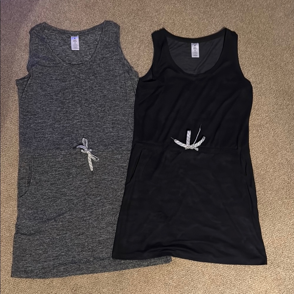 Gray and Black Camo Sleeveless Dresses with pockets and waist tide.